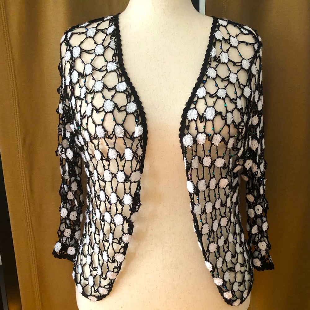 Black & White Crochet Cardigan Embellished with Rinestones